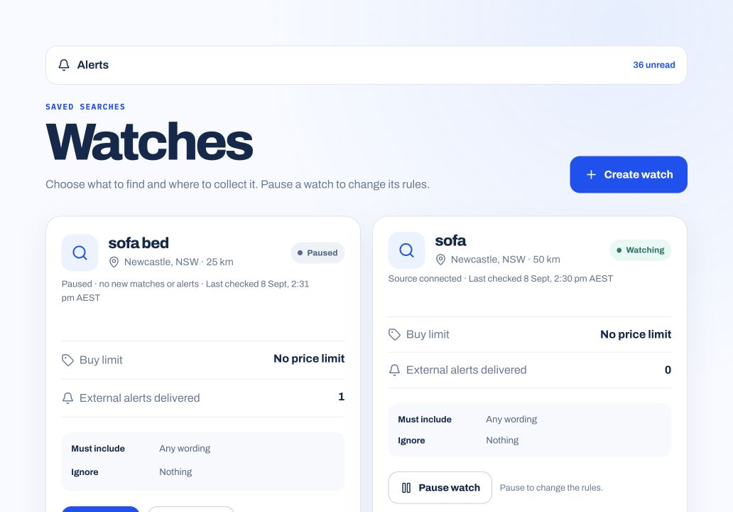 Saved searches on the Watches screen.
